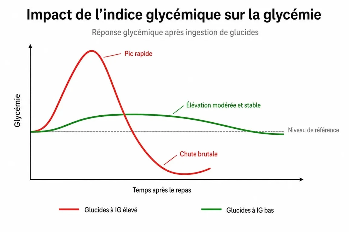 Infographie comparant l'impact des bons glucides à IG bas et des glucides raffinés sur la glycémie pour une perte de poids efficace.