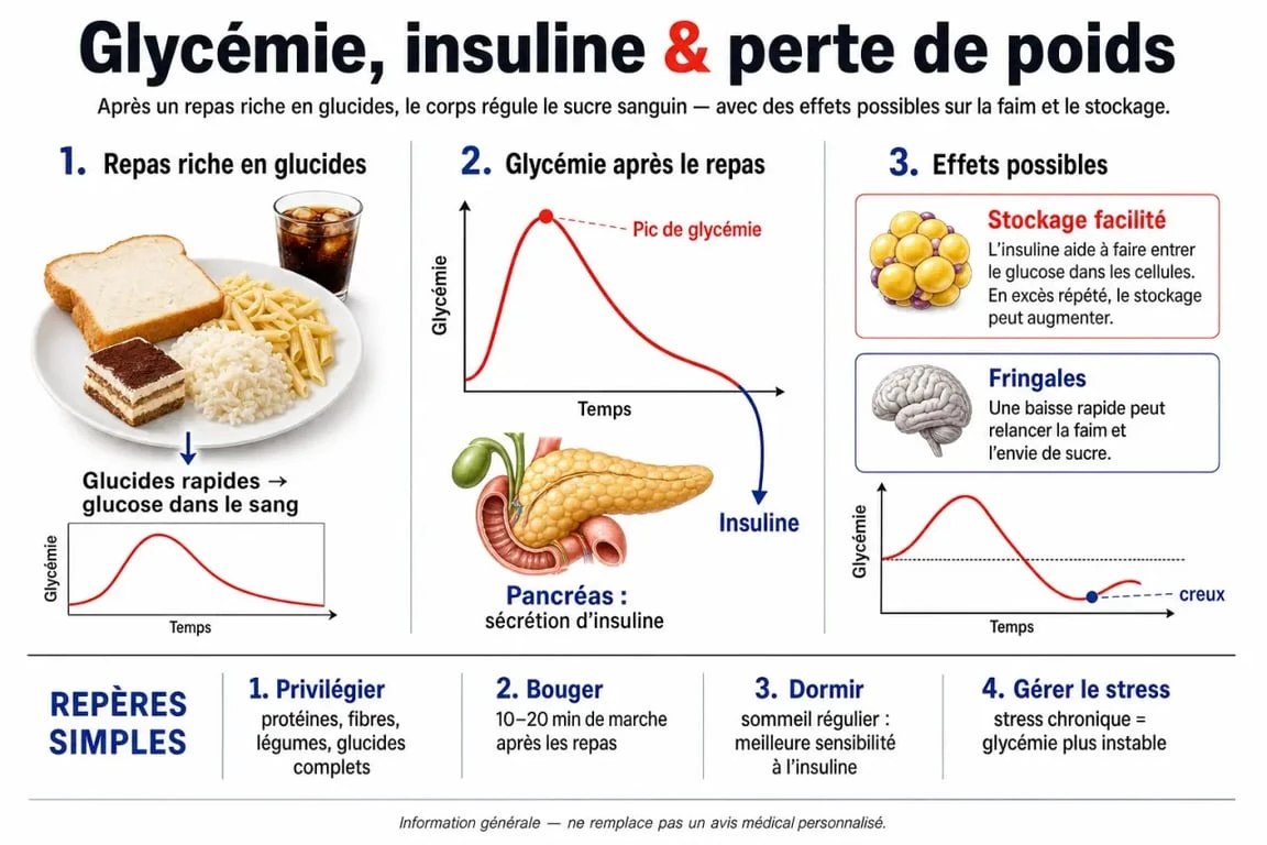 Infographie sur faire baisser la glycemie perte de poids avec le rôle de l’insuline, les aliments à privilégier et les habitudes utiles