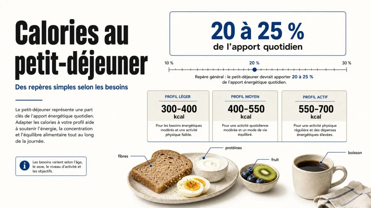 Infographie sur les calories au petit-déjeuner avec repères par profil et objectifs