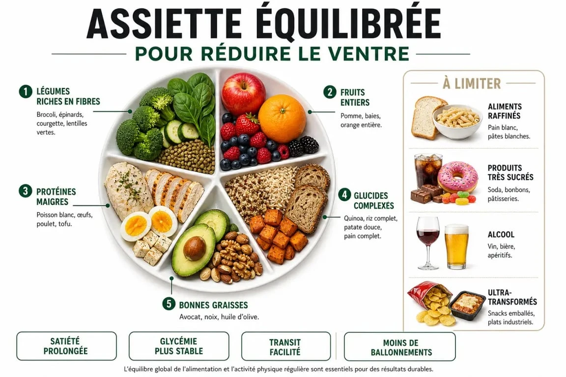 Infographie sur les aliments pour perdre le ventre avec fibres, protéines, glucides complexes et bonnes graisses