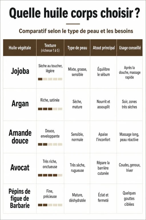 Infographie des meilleure huile corps selon le type de peau et les besoins