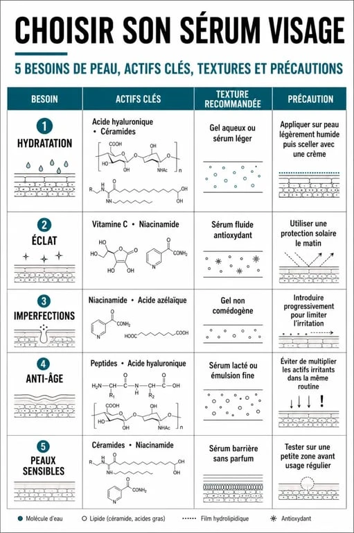Quel serum choisir : infographie comparative des sérums visage selon le type de peau et les besoins