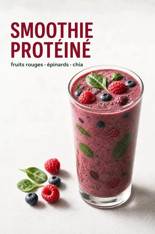 Smoothie proteine pour maigrir, verre crémeux aux fruits rouges et épinards sur fond clair