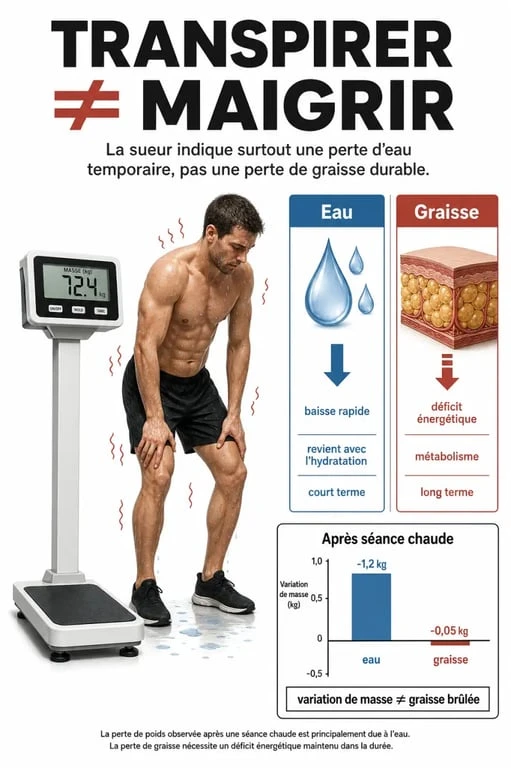 Est ce que transpirer fait maigrir : schéma comparant la perte d’eau temporaire et la perte de graisse durable