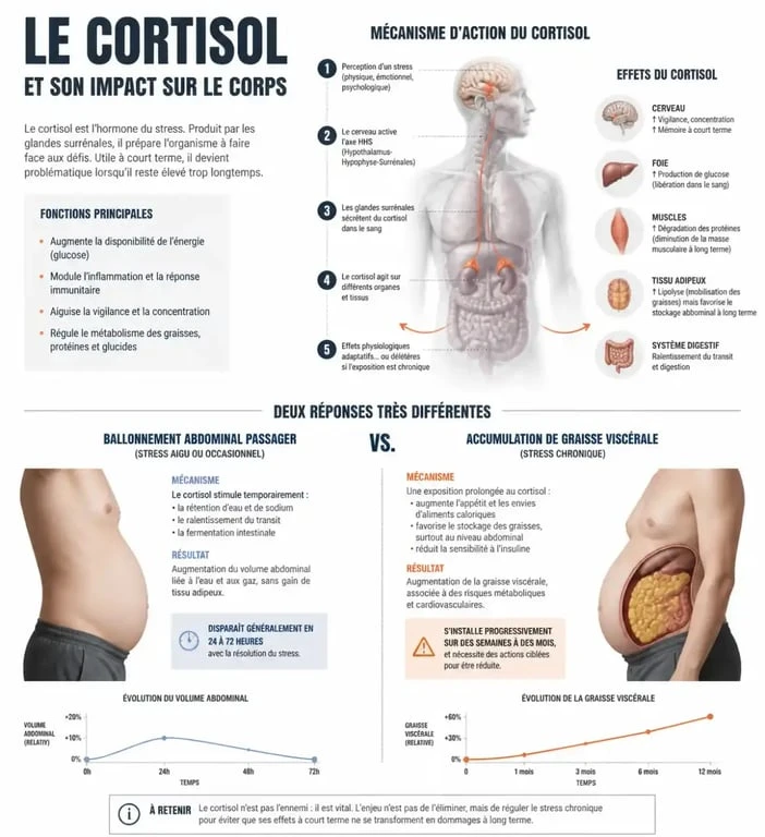 Schéma explicatif du lien entre taux de cortisol élevé et ventre gonflé, distinguant ballonnements et prise de poids abdominale.