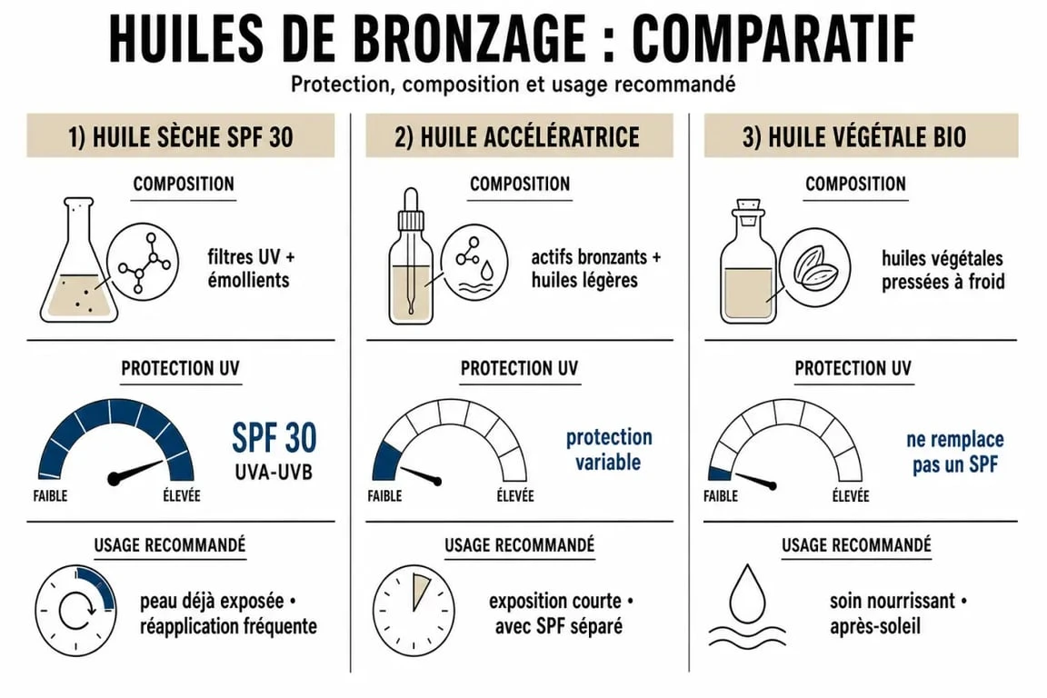 Infographie comparative des meilleures huiles pour bronzer : SPF, composition et usage recommandé