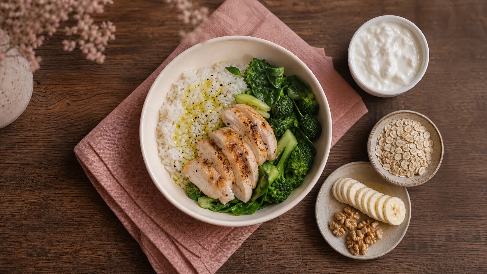 Nutrition pour la musculation : repas protéiné avec poulet, riz et légumes