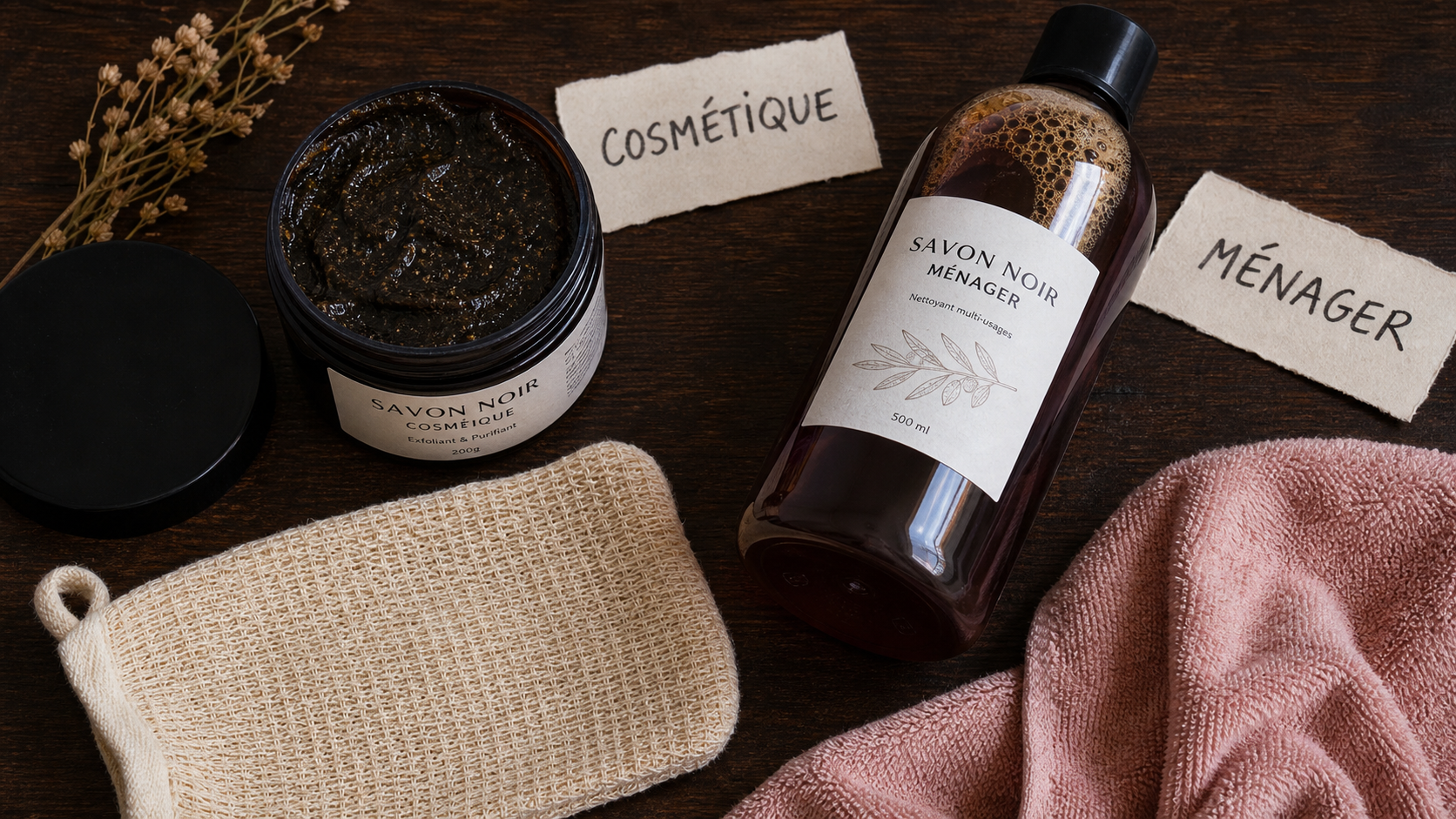 Savon noir bienfaits : pot cosmétique et flacon ménager, peau douce et maison propre