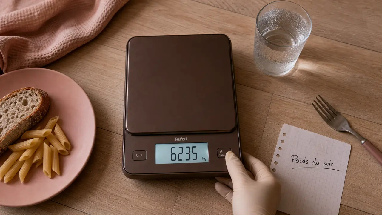 Balance de cuisine et carnet 'poids du soir' sur un plan de travail