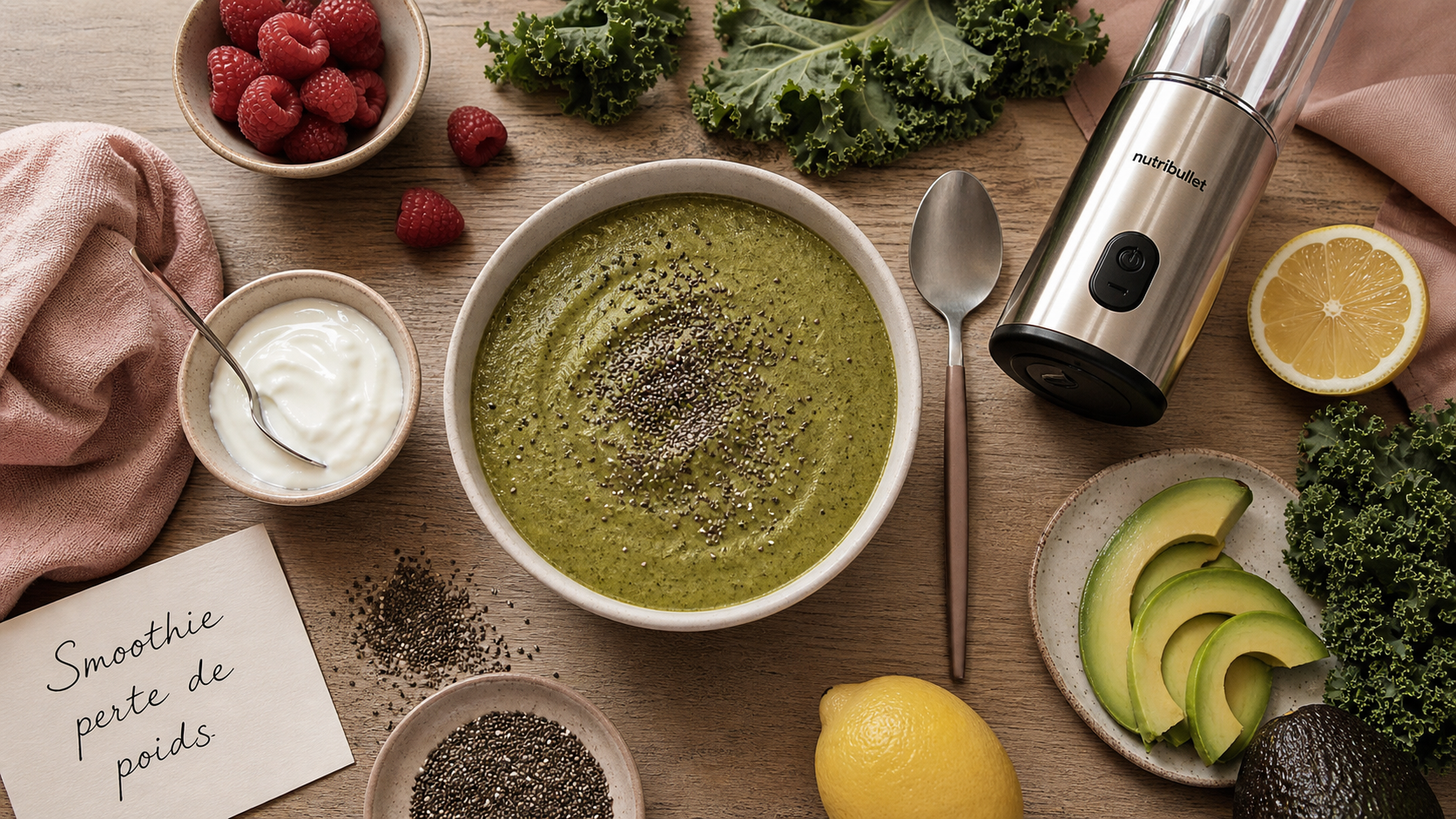 Smoothie perte de poids vert, bol et ingrédients