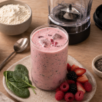 Smoothie proteine pour maigrir : verre de smoothie protéiné fruits rouges et épinards, 250-400 calories