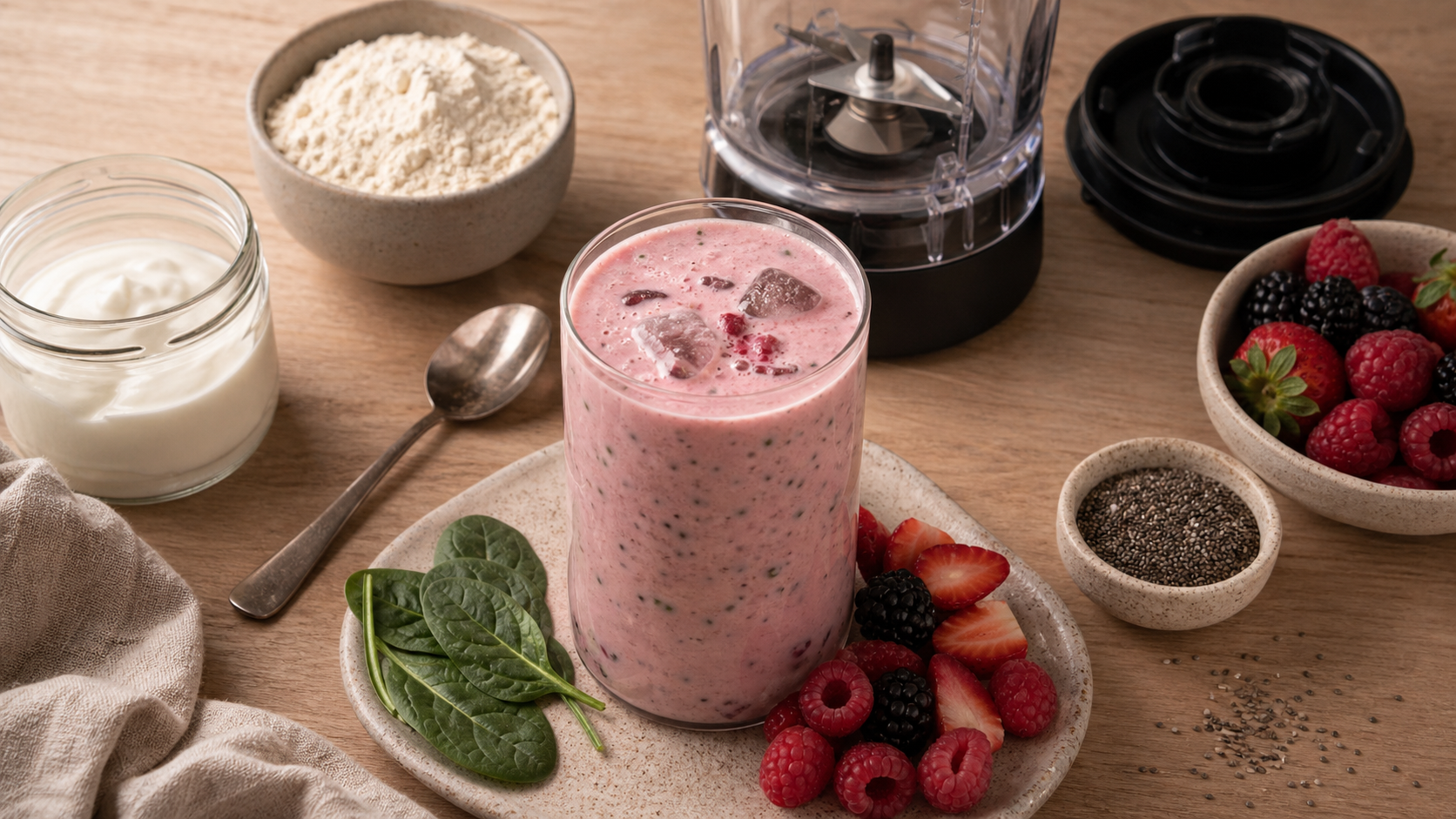 Smoothie proteine pour maigrir : verre de smoothie protéiné fruits rouges et épinards, 250-400 calories