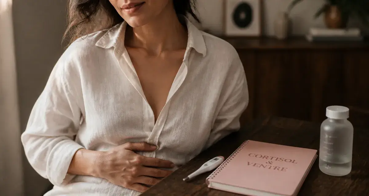 Femme, main sur le ventre, carnet et verre d'eau : cortisol et ventre gonflé