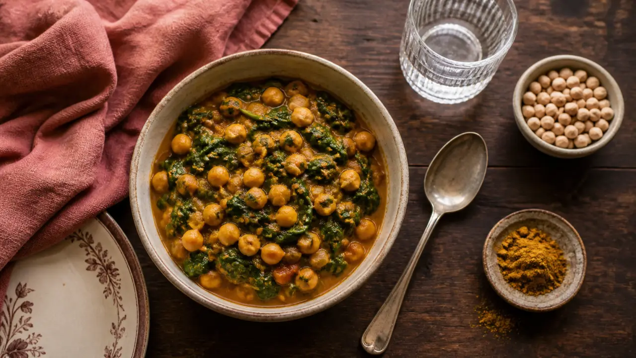 Bol de curry : repas riche en proteine, pois chiches et épinards