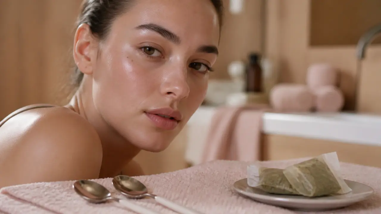 Comment cacher ses cernes sans maquillage : cuillères froides et thé vert sur peau du contour des yeux
