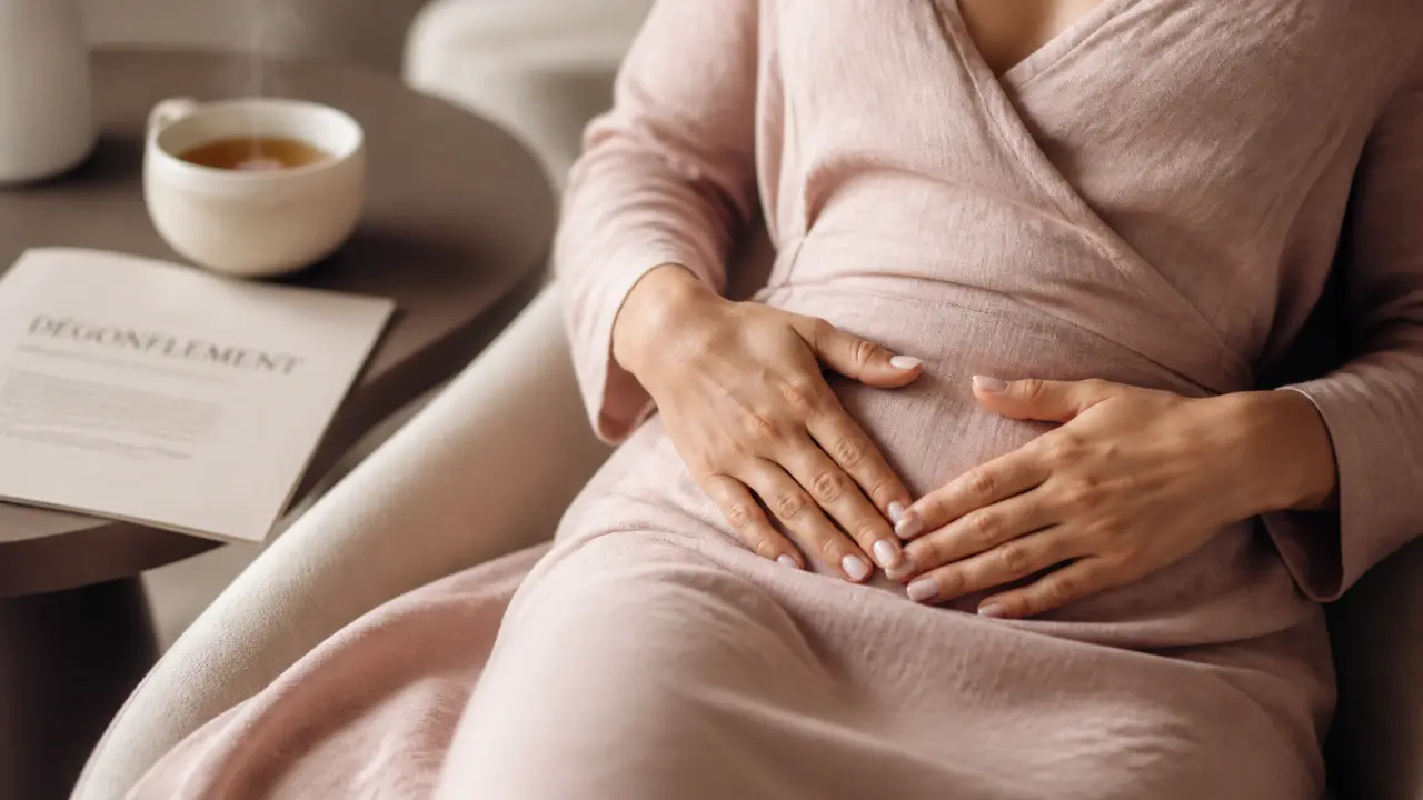 Comment degonfler du ventre : femme masse le bas-ventre avec tisane tiède