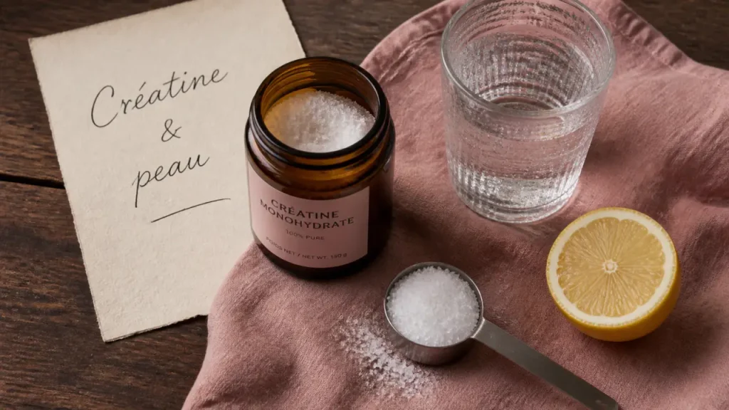 Créatine et effet sur la peau : pot, eau et citron sur table