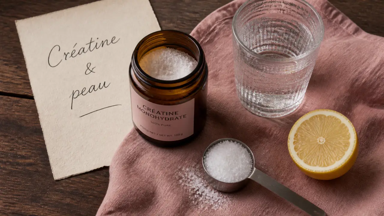 Créatine et effet sur la peau : pot, eau et citron sur table