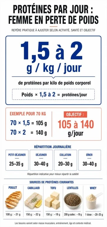 Combien de proteine par jour pour une femme pour maigrir : infographie sur l’apport quotidien recommandé et la répartition des protéines