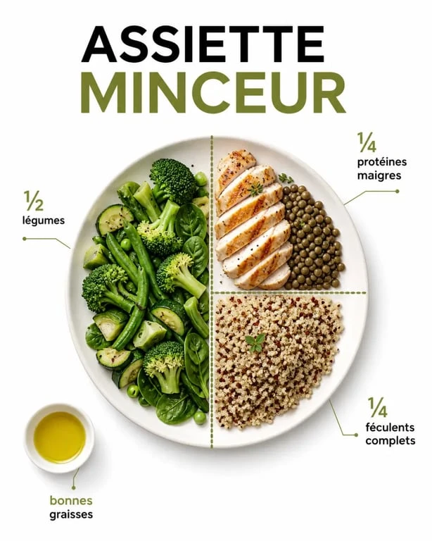 Quoi manger en regime : assiette minceur équilibrée avec légumes, protéines maigres et féculents complets