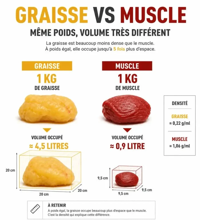 Comparaison visuelle entre le volume de la graisse et du muscle pour expliquer pourquoi on s'affine sans perdre de poids
