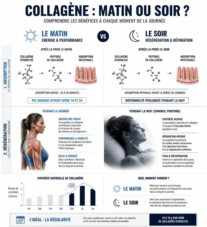 Infographie comparant les avantages de prendre du collagène le matin ou le soir pour optimiser les effets du collagène sur la peau et les articulations