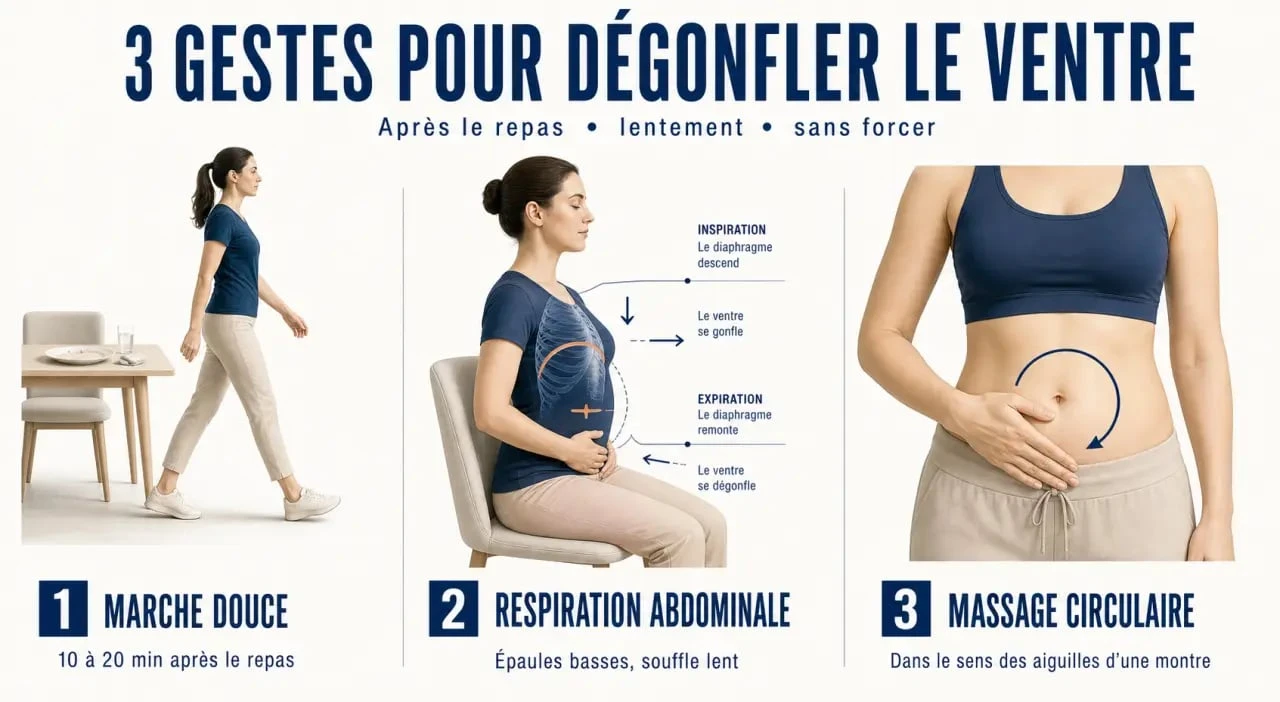 Comment degonfler du ventre avec marche douce, respiration abdominale et massage circulaire