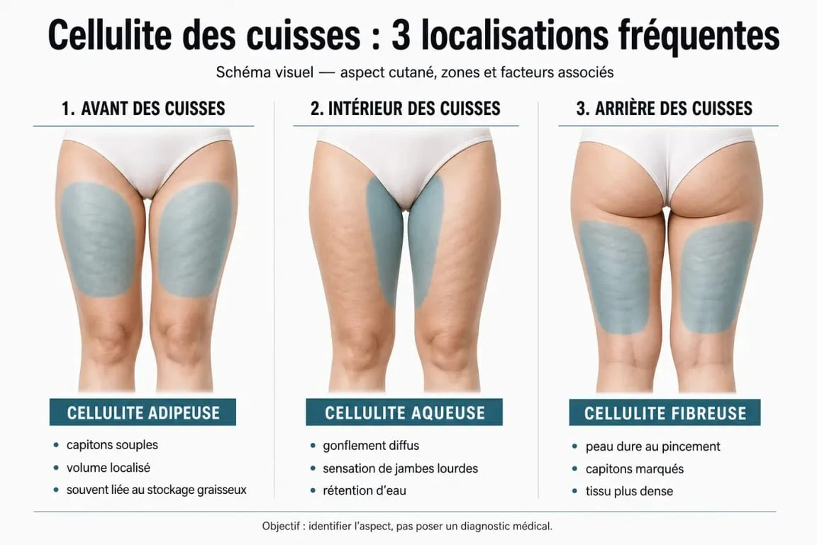 Perdre cellulite des cuisses : schéma des trois types de cellulite sur les cuisses