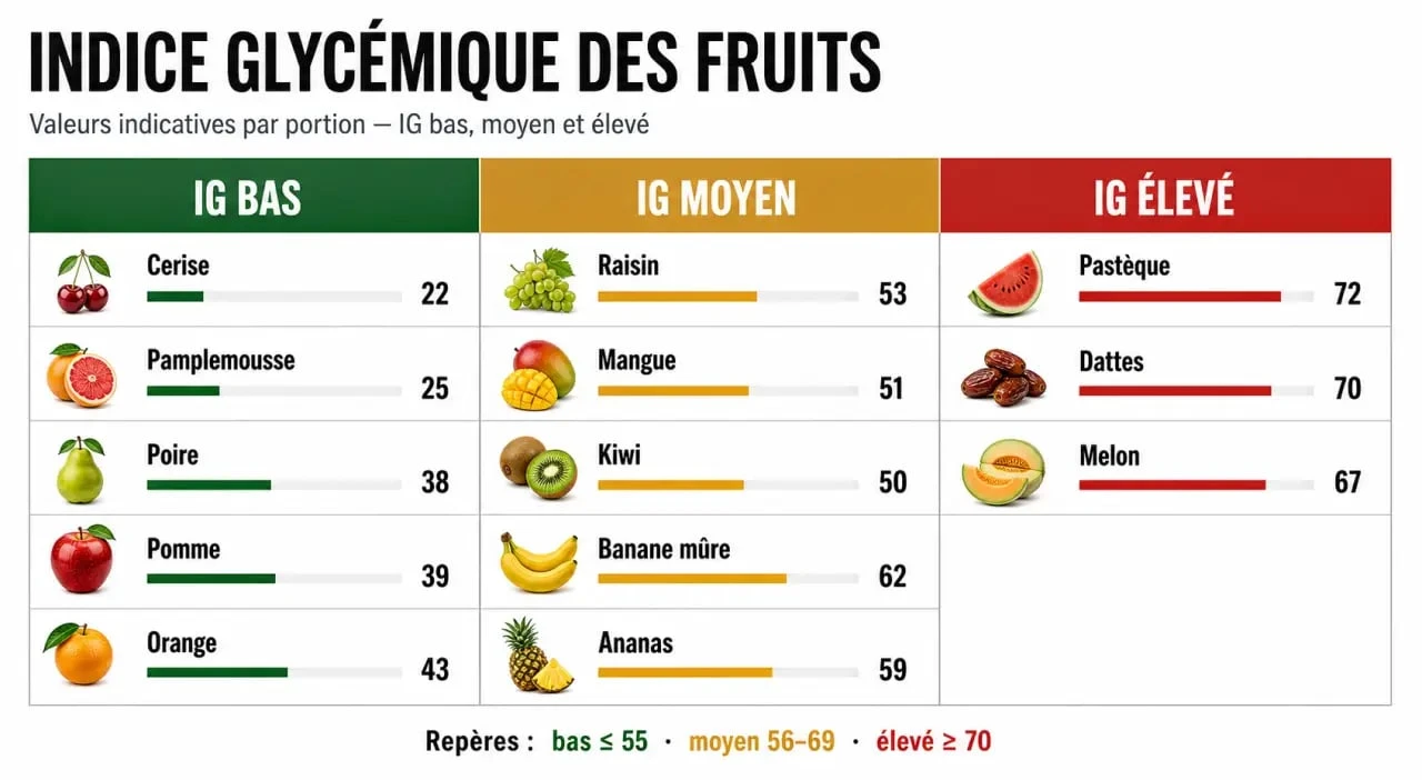 Indice glycémique des fruits tableau comparatif des fruits à IG bas moyen et élevé