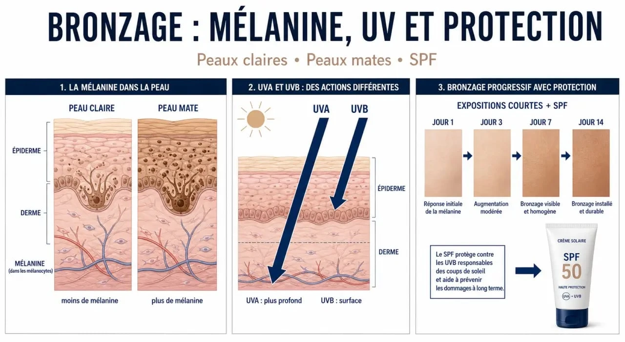 Comment bronzer vite : schéma éditorial sur le phototype, les UV et la protection solaire