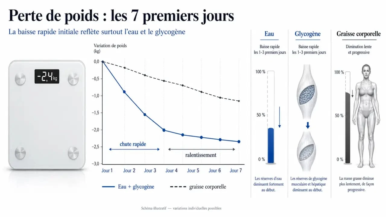 Perdre 3 kg par semaine : balance et calendrier montrant la perte d’eau, de glycogène et de graisse corporelle