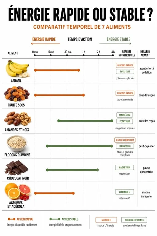 Aliment qui donne de l energie rapidement : comparatif visuel des aliments, de la banane aux fruits secs, avec leurs effets et moments de consommation