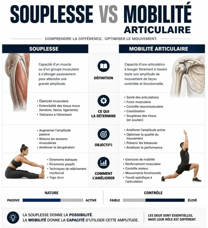 Infographie comparant la souplesse et la mobilité pour mieux comprendre comment gagner en souplesse