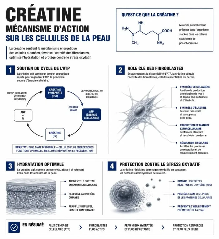 Schéma explicatif des effets de la créatine sur la peau et l'hydratation cutanée