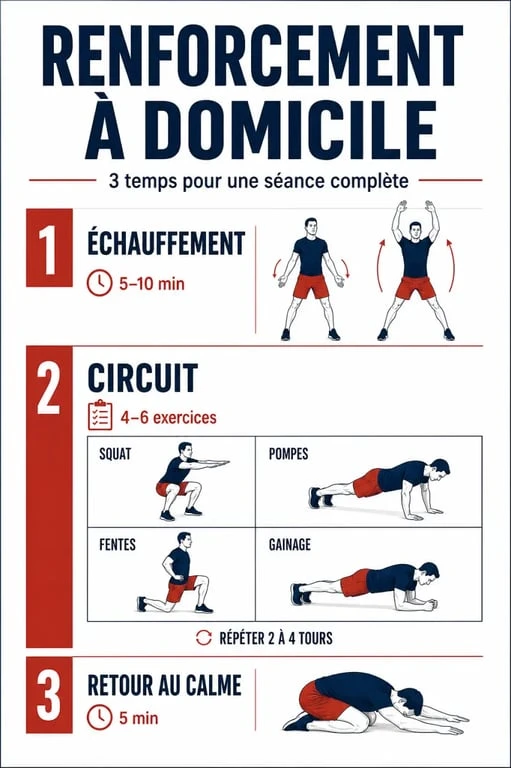 Séance de renforcement musculaire structurée avec échauffement, circuit d’exercices et retour au calme