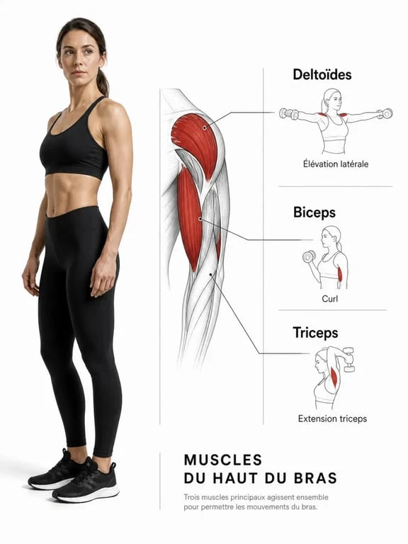 Femme musculation bras : schéma des biceps, triceps et épaules pendant les exercices