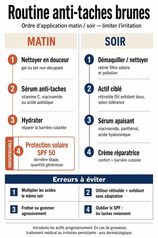 Routine d’application du meilleur correcteur tache brune avec sérum, crème et SPF