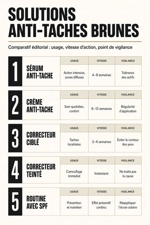 Comparatif du meilleur correcteur tache brune selon le type de tache, la texture et la protection solaire