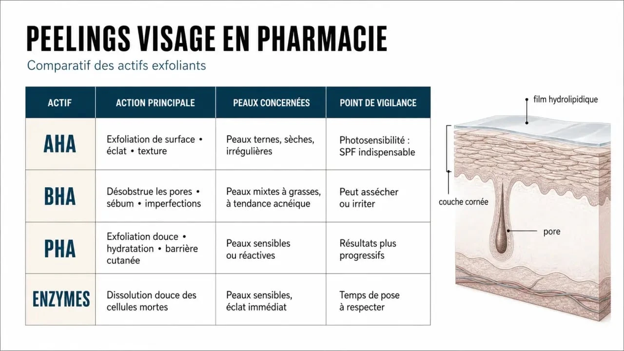 Meilleur peeling visage pharmacie : comparaison des actifs AHA, BHA, PHA et enzymes selon le type de peau