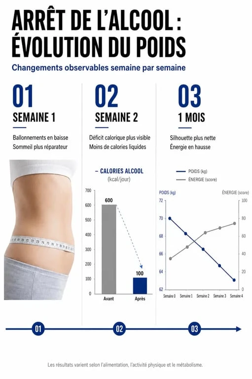 Arrêt alcool perte poids : infographie des effets semaine par semaine sur la balance, le sommeil et les ballonnements