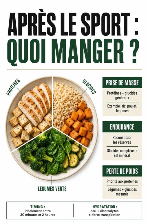 Que manger après le sport : synthèse visuelle des repas adaptés à la prise de masse, à l’endurance et à la perte de poids