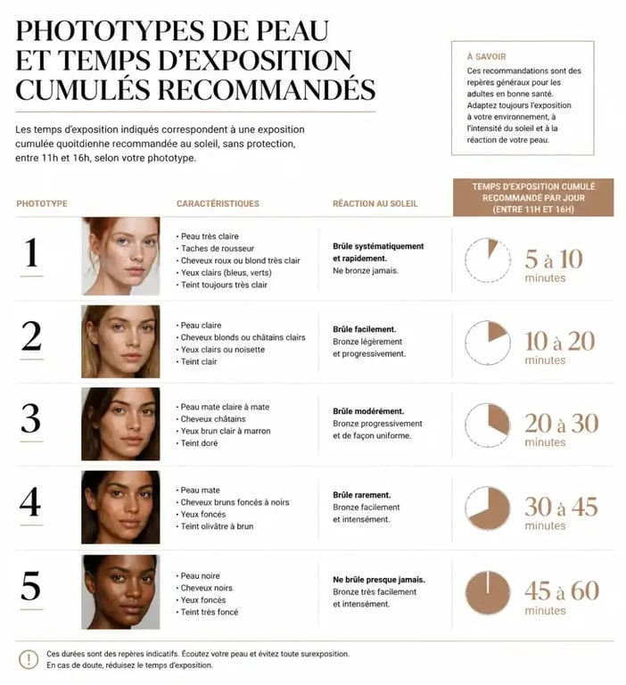 Tableau comparatif des phototypes de peau et des durées d'exposition pour un bronzage progressif