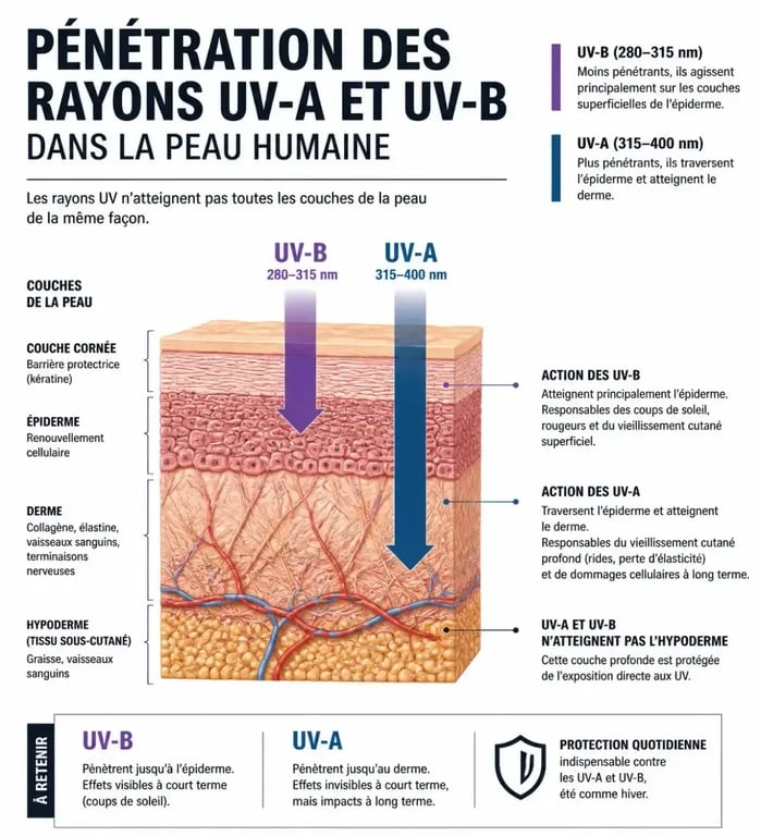 Schéma explicatif de la pénétration des UV-A et UV-B dans la peau pour comprendre combien de temps pour bronzer sans danger