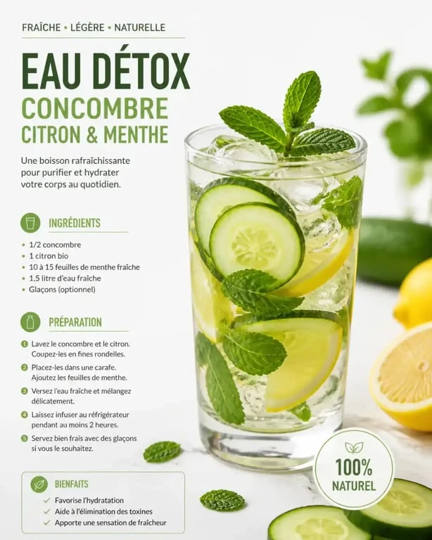 Recette de boisson detox pour maigrir au concombre, citron et menthe