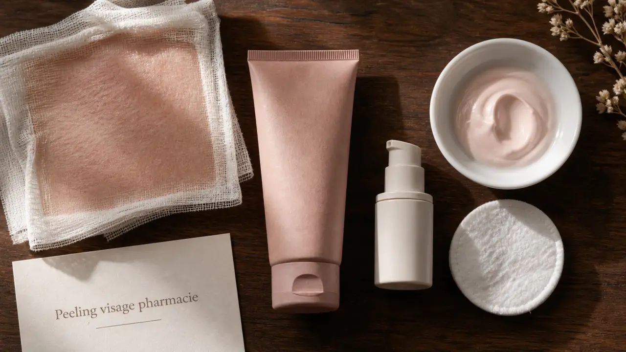 Meilleur peeling visage pharmacie AHA BHA enzymes sur table bois