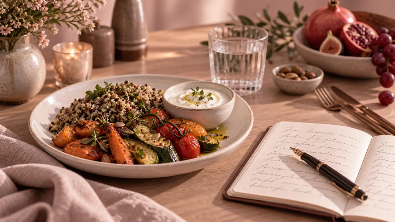 20 astuces pour maigrir sans regime : assiette rassasiante, légumes, quinoa et yaourt