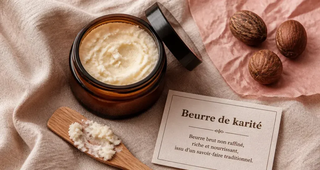 Bienfaits beurre de karité : pot et texture ivoire granuleuse (composition)