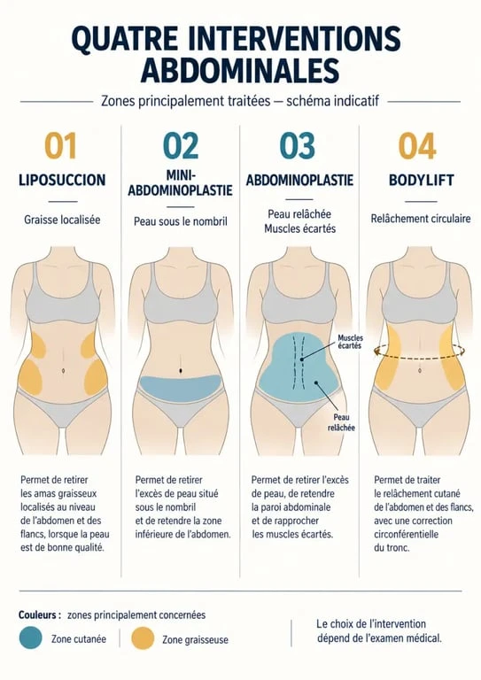 Opération ventre : comparaison entre liposuccion, mini-abdominoplastie, abdominoplastie et bodylift