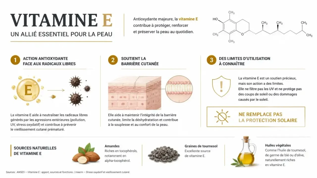 Infographie sur les bienfaits vitamine E pour la peau, son action antioxydante et son rôle pour la barrière cutanée