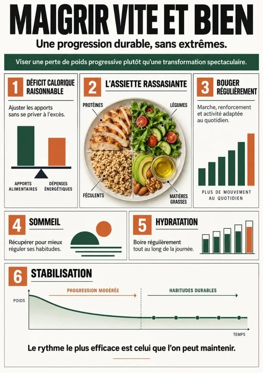Infographie maigrir vite et bien avec alimentation équilibrée, activité physique et stabilisation